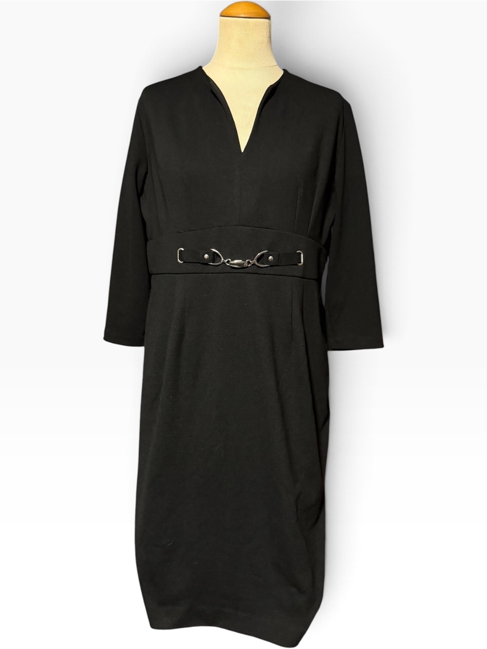 New York & Company V-Neck Venetian Midi Dress Black Size 12
